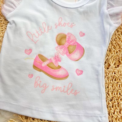Conj. Blusa Little Shoes e Short com Cinto em Tule - Branco e Rosa